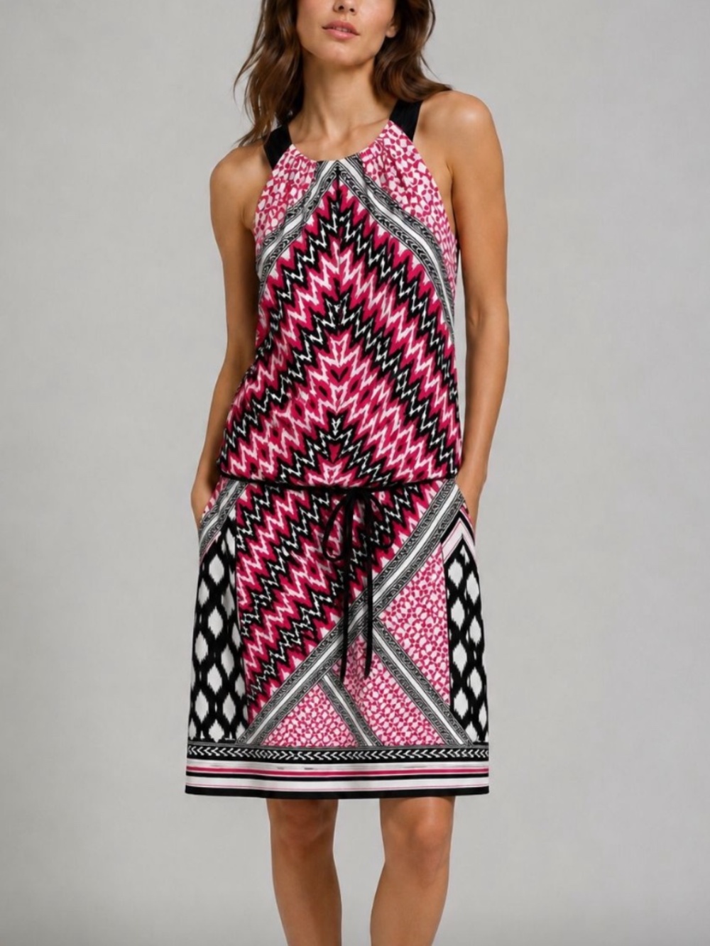 London Times Geometric Halter Jersey Dress Lined Dropped Waist Pink Black Size 8